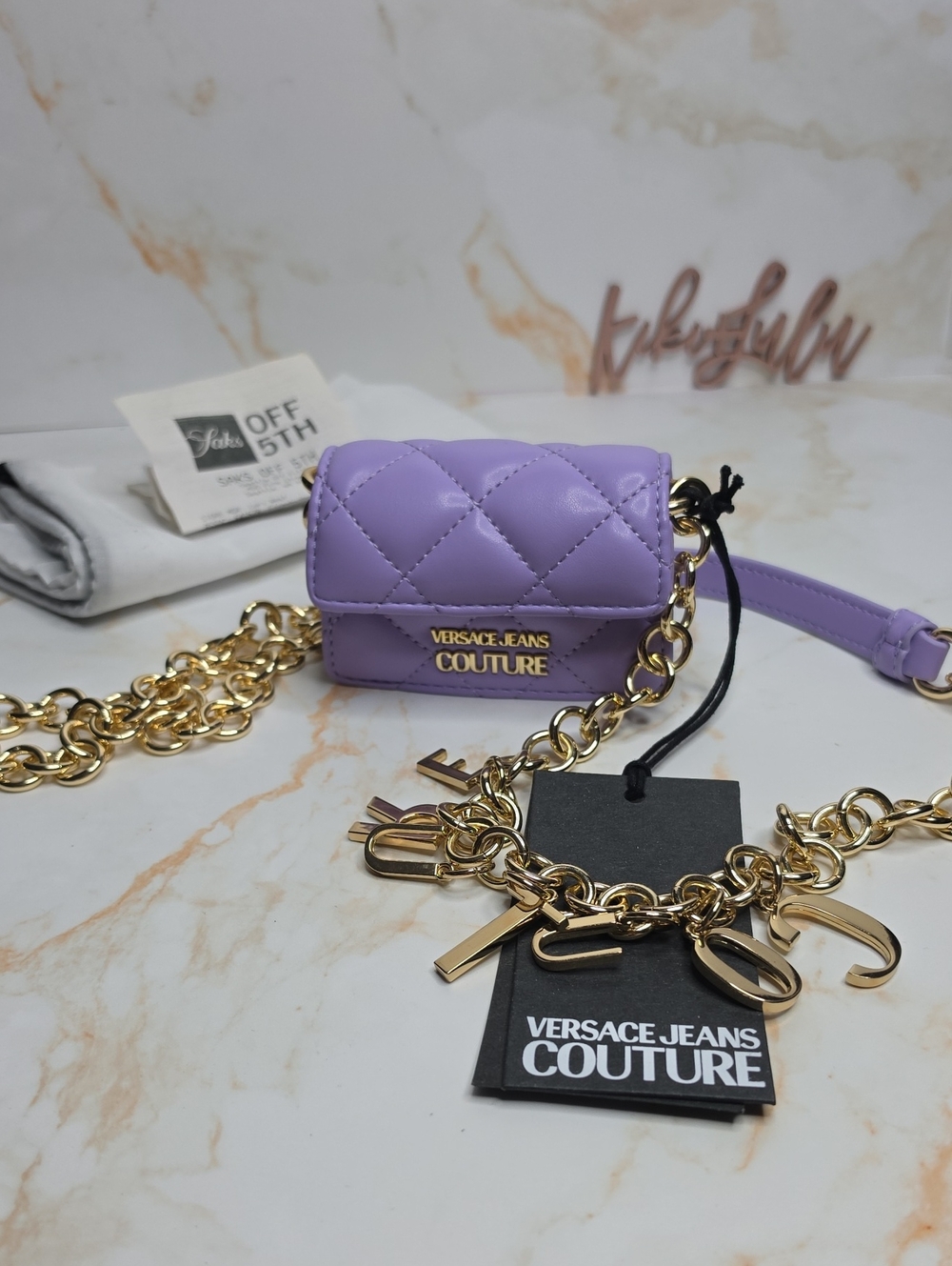 Versace Jeans Couture Lavender Quilted Micro Crossbody with Gold Chain Charm New
